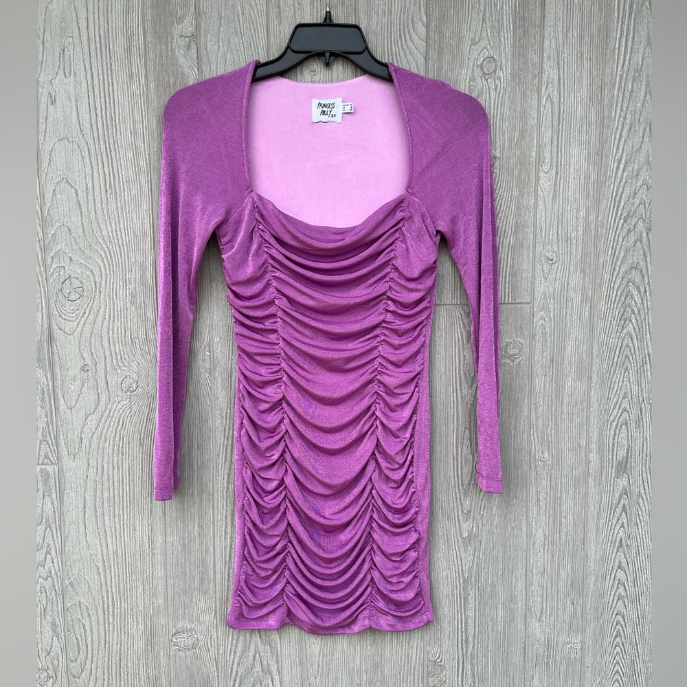 Princess Polly Slinky Purple Long Sleeve Mini BodyCon Dress with Ruching Size 8